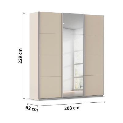 Kleiderschrank in Champagner mit Spiegel und Maßangaben 203 cm Breite, 229 cm Höhe und 62 cm Tiefe