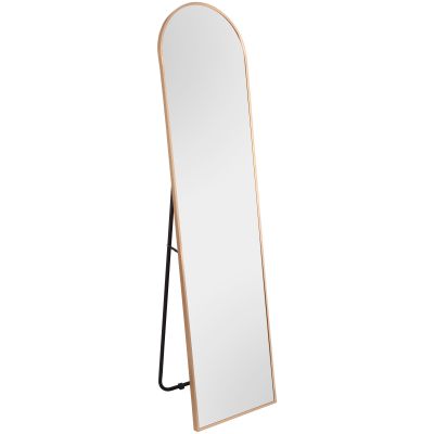 Standspiegel Britt in Gold, freigestellt in vollständiger Ansicht; zu sehen ist die hohe, schmale Form mit bogenförmig gerundetem oberen Abschluss und Standfuß; Maße ca. 40 x 160 x 4 cm.