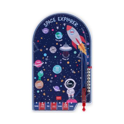 Mini-Flipperspiel mit Weltraummotiv, frontal mit Spielfeld, Kugeln und seitlichem Abschusshebel dargestellt.