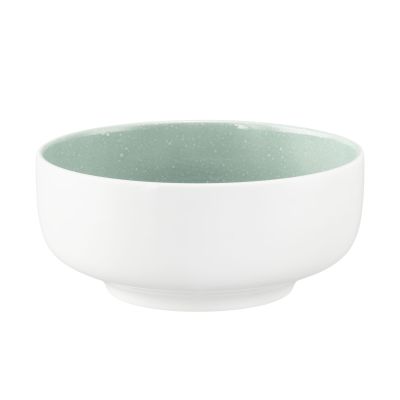 Schale in Weiß und Mint. Darstellung: schräge Ansicht von vorn. Merkmale: runde Form mit weißer Außenseite und mintfarben gesprenkeltem Innenraum.