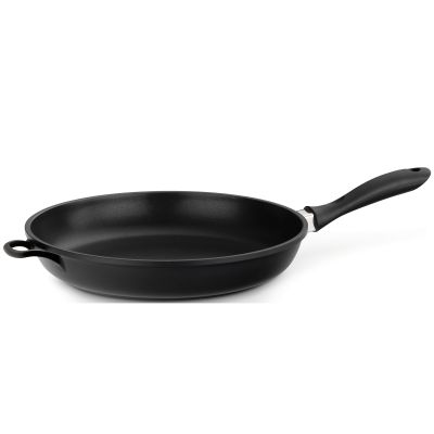 Runde Bratpfanne in Schwarz mit langem Stielgriff und kurzem seitlichem Zusatzgriff