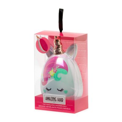 Eiförmige Entwirrbürste im Einhorn-Design, in einer transparenten pinkfarbenen Kartonverpackung dargestellt.