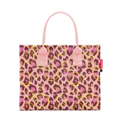 Große Stofftasche mit Smiley-Leopardenmuster in Rosa und langen Henkeln