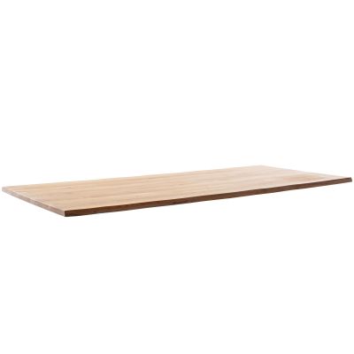 Rechteckige Tischplatte aus hellem Holz mit natürlicher Maserung, vor weißem Hintergrund.