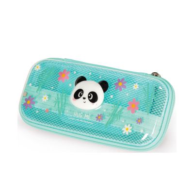 Mintgrünes Federmäppchen im Panda-Design, geschlossen in schräger Perspektive dargestellt.