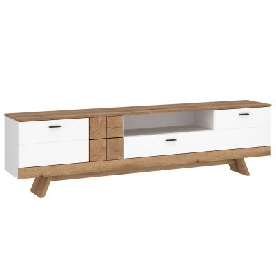 Modernes TV-Lowboard mit Schubladen, Klappenfächern und offenem Gerätefach in Weiß und Holzoptik