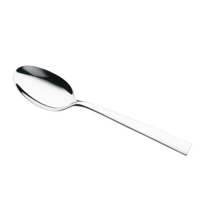 Menülöffel Fusion: polierter Fusion Menülöffel aus Edelstahl mit ovaler Laffe und geradlinigem Griff, diagonal freigestellt.