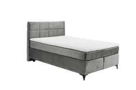 Boxspringbett „Voss 15 grey“ mit grauem Bezug, HR-30-Topper und 7-Zonen-Tonnentaschenfederkern-Matratze, aus schräger Perspektive aufgenommen, ohne Kissen auf der Liegefläche