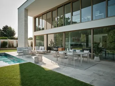Moderne architektonische Gartenlounge mit Dining- und Loungemöbeln für den Außenbereich
