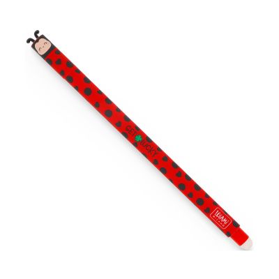 Roter löschbarer Legami Gelstift mit Marienkäferkappe und Punkten, schräg auf weißem Hintergrund gezeigt.