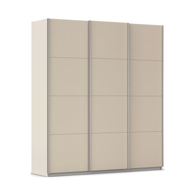 Moderner champagnerfarbener Kleiderschrank mit drei Schiebetüren und minimalistischer Front