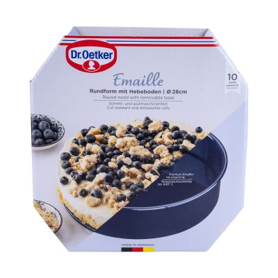 Verpackung der Emaille Springform 28 cm mit Kuchenmotiv und Produktbeschreibung