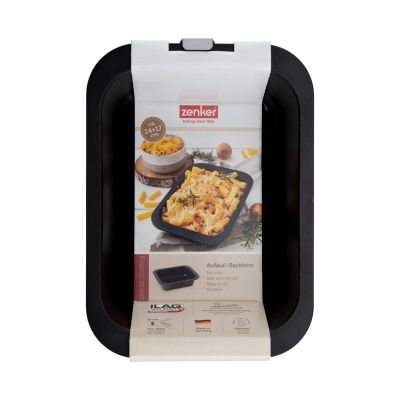 Auflaufform mit Verpackungseinleger und abgebildetem Nudelauflauf als Serviervorschlag