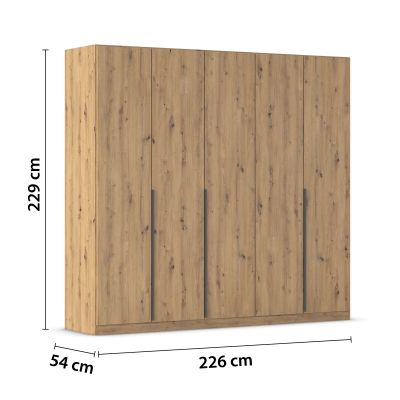 5-türiger Kleiderschrank in Eiche Artisan mit Maßangaben Breite 226 cm, Höhe 229 cm und Tiefe 54 cm