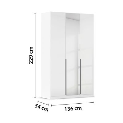 Drehtürenschrank in Weiß Hochglanz mit drei Türen und Spiegeltür, inklusive Maßangaben 136 cm Breite, 229 cm Höhe und 54 cm Tiefe
