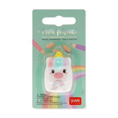 Weißer Anspitzer im Einhorn-Design, in einer grünen Blisterverpackung abgebildet.
