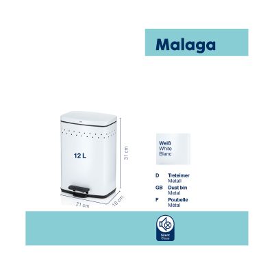Informationsgrafik mit weißem Kosmetikeimer Malaga und ergänzenden Angaben zu den Produkteigenschaften