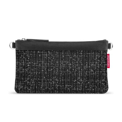 Kleine Umhängetasche von Reisenthel, Modell Mini Pouch, in Schwarz mit Bouclé-Struktur, frontal mit geschlossenem Reißverschluss