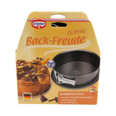 Verpackung der Dr Oetker Back Freude Springform mit 18 cm Durchmesser und Kuchenabbildung