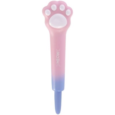 Rosa-blauer Gelstift mit weichem Katzenpfoten-Aufsatz, vollständig und senkrecht auf weißem Hintergrund gezeigt.