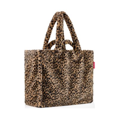 Shopper von Reisenthel, Modell Softshopper, in Braun und Schwarz mit Leopardenmuster aus Fellimitat, frontal mit langen und kurzen Tragegriffen