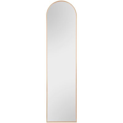 Standspiegel Britt in Gold, freigestellt in einer zweiten Gesamtansicht; zu sehen ist die hohe, schmale Form mit bogenförmig gerundetem oberen Abschluss und Standfuß; Maße ca. 40 x 160 x 4 cm.
