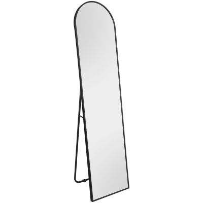 Standspiegel Britt in Schwarz, freigestellt in vollständiger Ansicht; zu sehen ist die hohe, schmale Form mit bogenförmig gerundetem oberen Abschluss und Standfuß; Maße ca. 40 x 160 x 4 cm.