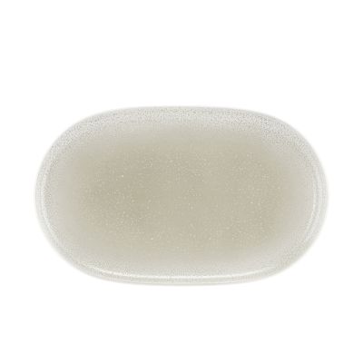 Servierplatte in Grau-Beige; kleine ovale Form mit feiner Sprenkelung. Ansicht: Draufsicht.