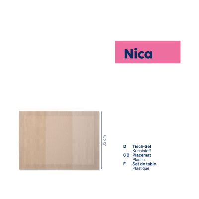 Tischset in Beige neben einer Übersicht mit Angaben zu Material und Pflege