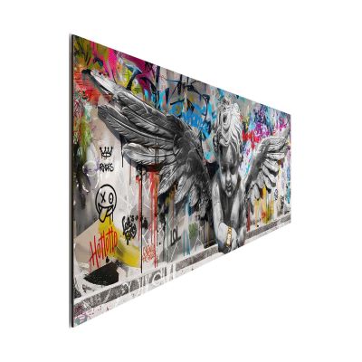 Seitliche Schrägansicht des Wandbilds „Funky Angel“, 30 × 90 cm; Profil, Kante und Tiefe des Bildes sind erkennbar.
