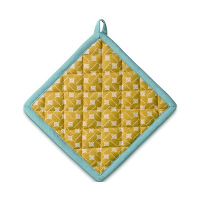 Quadratischer gesteppter Topflappen in Gelb mit türkisfarbenem Rand und Aufhängeschlaufe