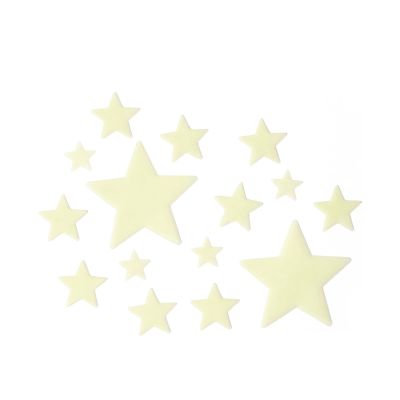 Set selbstklebender Leuchtsterne, mit verschieden großen hellen Sternen auf weißem Hintergrund gezeigt.