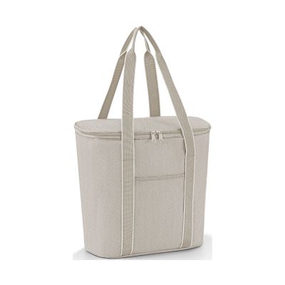 Beige Reisenthel Kühltasche mit langen Tragegriffen, Reißverschluss und feinem Fischgrätmuster auf hellem Hintergrund
