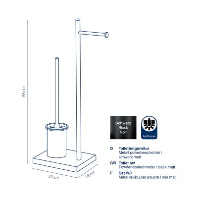 Technische Darstellung der freistehenden Toilettengarnitur mit Maßangaben, WC-Bürste, Papierhalter und Hinweisen zu Material und Ausführung
