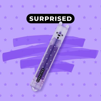 Sechs Mini-Textmarker mit farbigen Stimmungsbegriffen, mit dem lilafarbenen Textmarker vor lilafarbenen Farbstreifen und der Aufschrift „Surprised“ gezeigt.