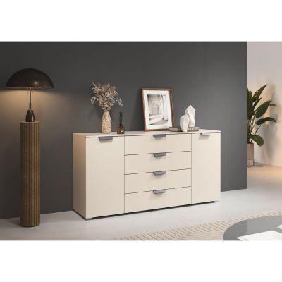 Kommode mit Türen und Schubladen dekoriert in einem Wohnraum mit Lampe und Bildern