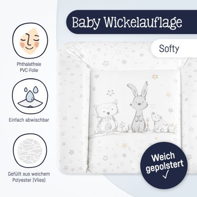 Informationsgrafik einer Wickelauflage mit Tiermotiv und Symbolen zu phthalatfreier Folie, abwischbarer Oberfläche und weicher Polsterung
