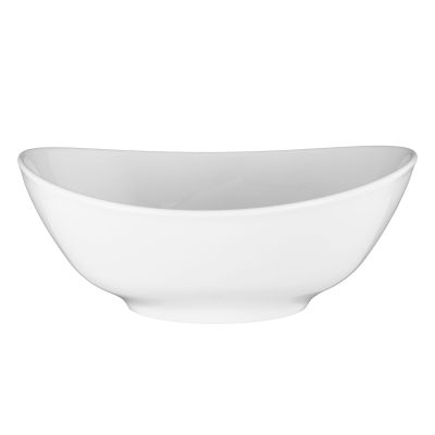 Schale in Weiß. Darstellung: schräge Ansicht von vorn. Merkmale: oval mit geschwungenen Seiten und flachem Fuß.