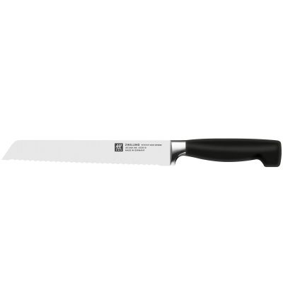 Brotmesser mit gezahnter Klinge und schwarzem Griff, Serie Vier Sterne von ZWILLING, Klingenlänge 200 mm, freigestellt auf weißem Hintergrund.