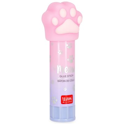 Rosa Klebestift mit Katzenpfoten-Kappe, senkrecht in leichter Schrägansicht gezeigt.