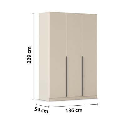 Champagnerfarbener 3-türiger Kleiderschrank mit Maßangaben Breite 136 cm, Höhe 229 cm und Tiefe 54 cm