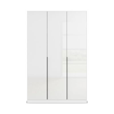 Frontansicht eines 3-türigen Drehtürenschranks in Weiß Hochglanz mit minimalistischen Linien und grau-metallicen Griffleisten