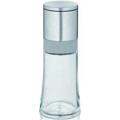 Hohe transparente Salz und Pfeffermühle mit schmalem Glasbehälter grauem Ring und silberfarbenem Mahlkopf