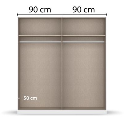 Innenansicht eines 4-türigen Kleiderschranks mit zwei großen Fächern, Kleiderstangen und Einlegeböden, jeweils 90 cm breit