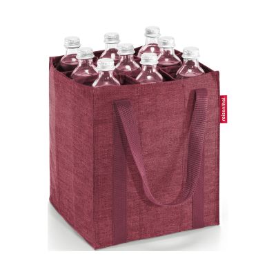 Flaschentasche von Reisenthel, Modell Bottlebag, in Bordeauxrot mit melierter Struktur, schräg von vorn mit mehreren eingesetzten Getränkeflaschen.