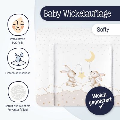 Nahaufnahme der Wickelauflage mit Hasenmotiv und Symbolen zu Eigenschaften wie PVC-frei und abwischbar