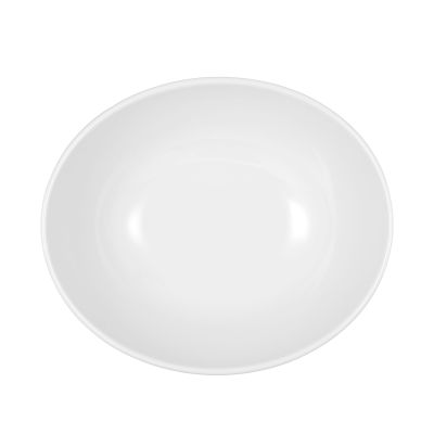 Schale in Weiß; Draufsicht. Sichtbare Gestaltung: oval mit geschwungenen Seiten und flachem Fuß.