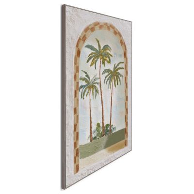 Seitliche Schrägansicht des Wandbilds „Palm Trio View“, 50 × 70 cm; Profil, Kante und Tiefe des Bildes sind erkennbar.
