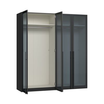 Drehtürenschrank mit geöffneter Glastür und Blick in den Innenraum