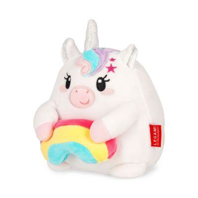 Weißes Einhorn-Plüschtier mit Regenbogen, leicht seitlich auf weißem Hintergrund gezeigt.
